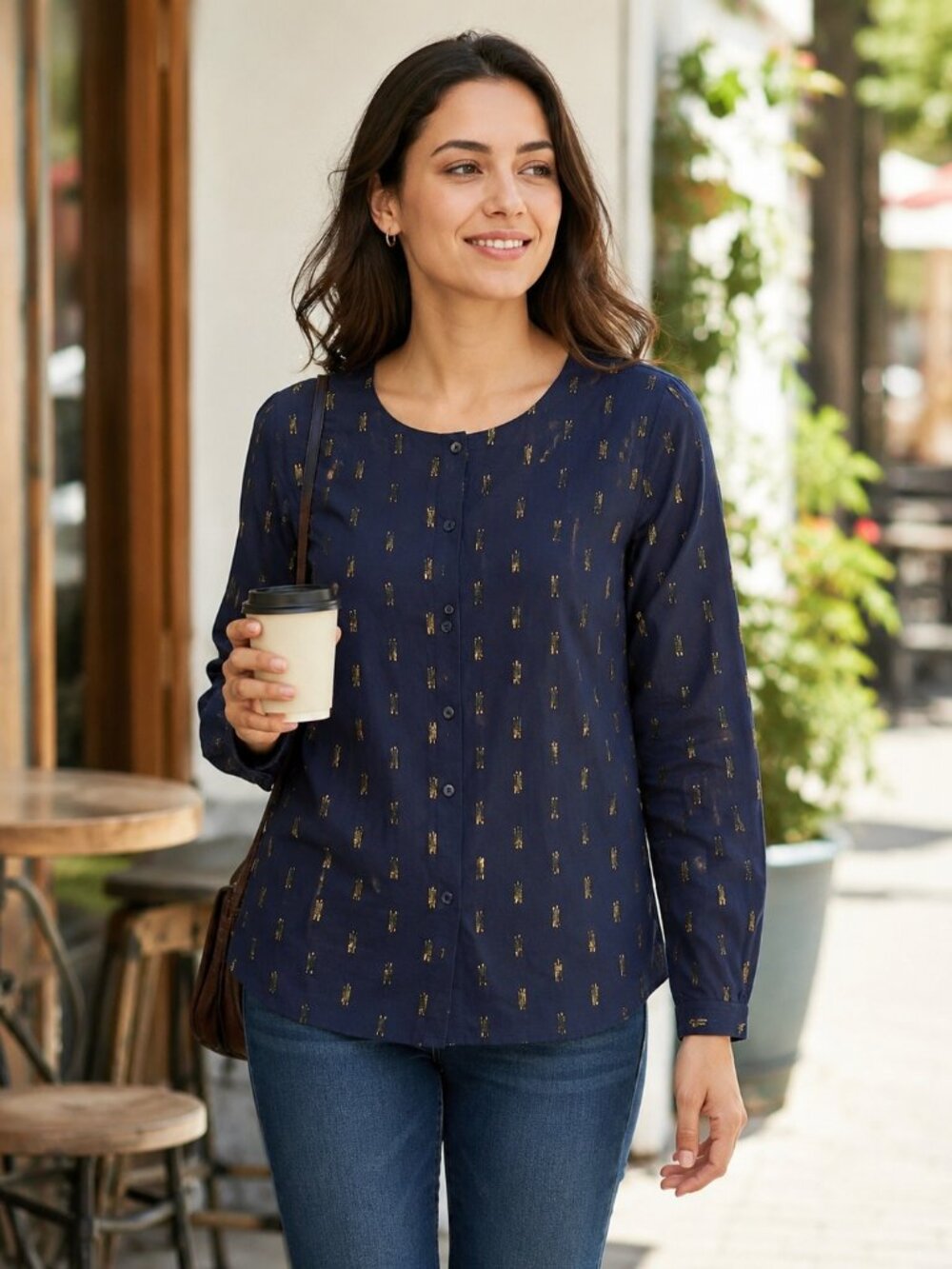 Des Petits Hauts Women's Metallic Shimmer Button-Front Navy Long Sleeve Top M